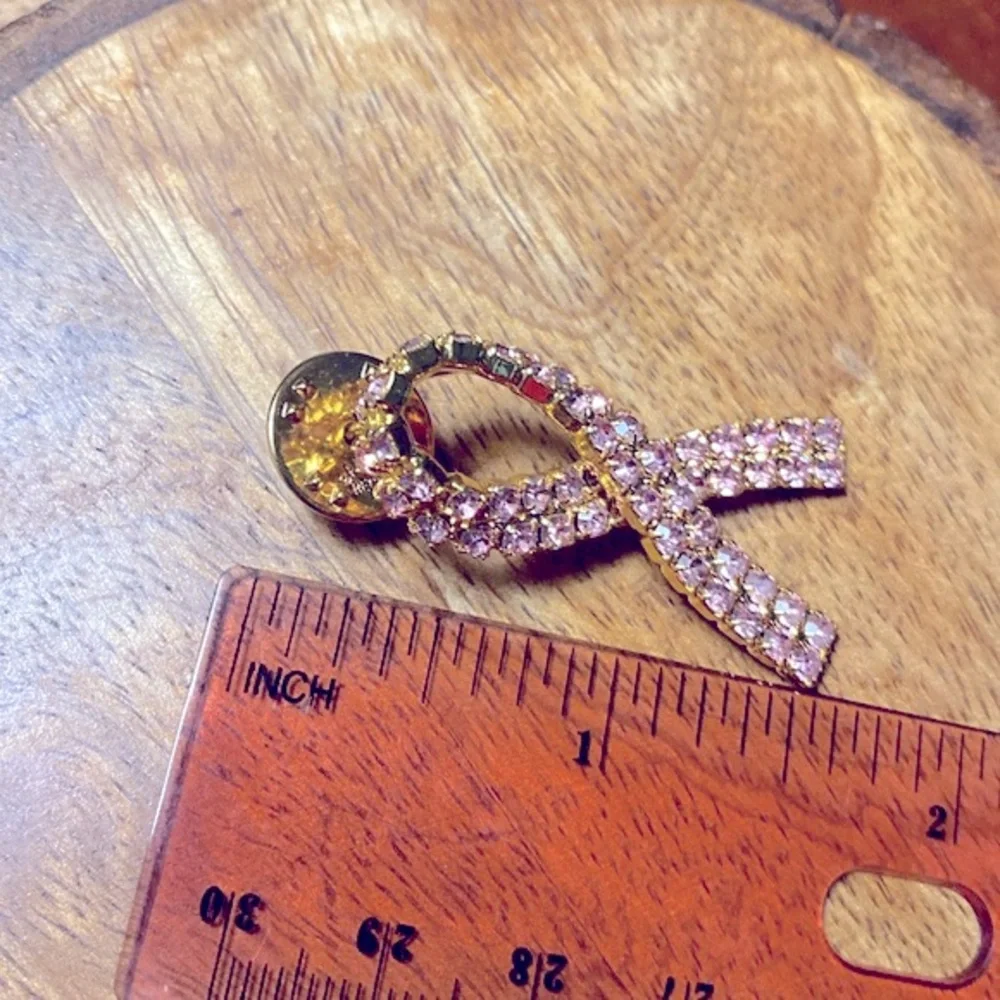 Vintage Ballou Pink Rhinestone Pink Ribbon Breast Cancer Lapel Pin Ladies Brooch